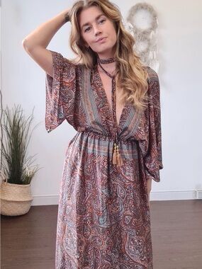 Ruby Sparrow Grecian Goddess Silk Blend Boho Maxi Dress, One Size